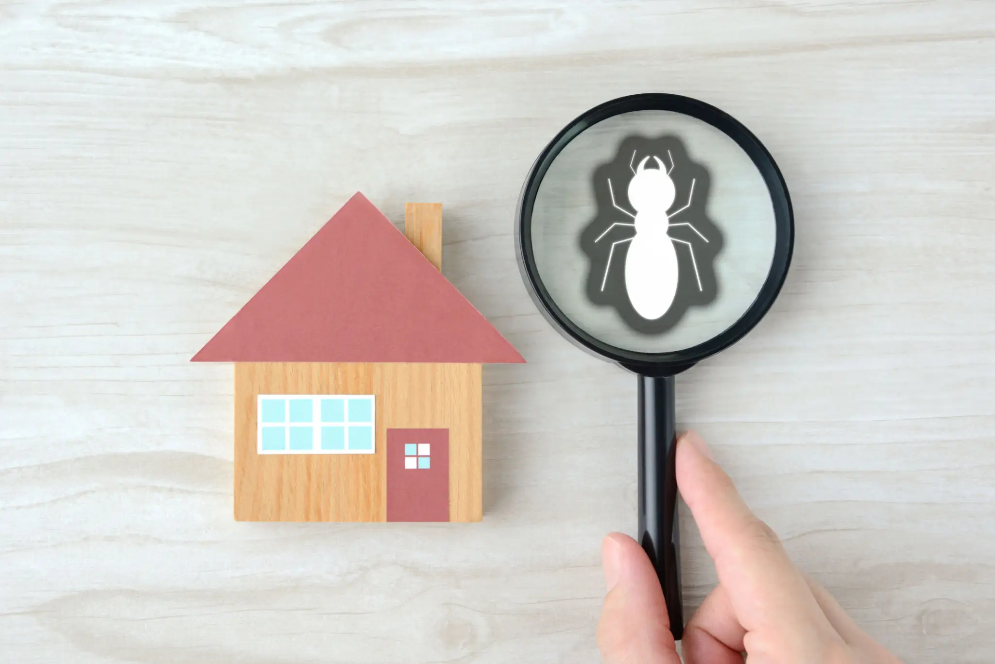 Magnifying glass revealing termite on a house model.