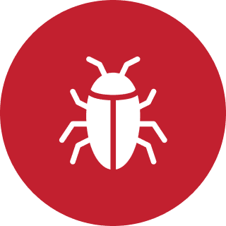 White bug icon on red circle background.