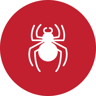 White spider icon on red circle background.