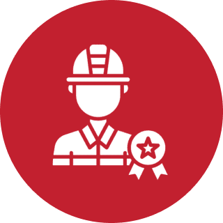 Worker icon with award on red background.