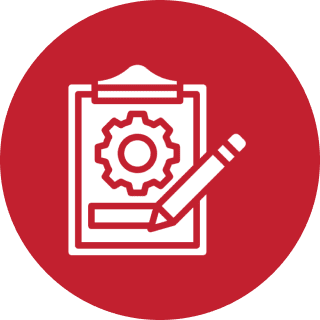 Clipboard with gear and pencil icon.