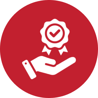 Hand offering badge with checkmark icon.