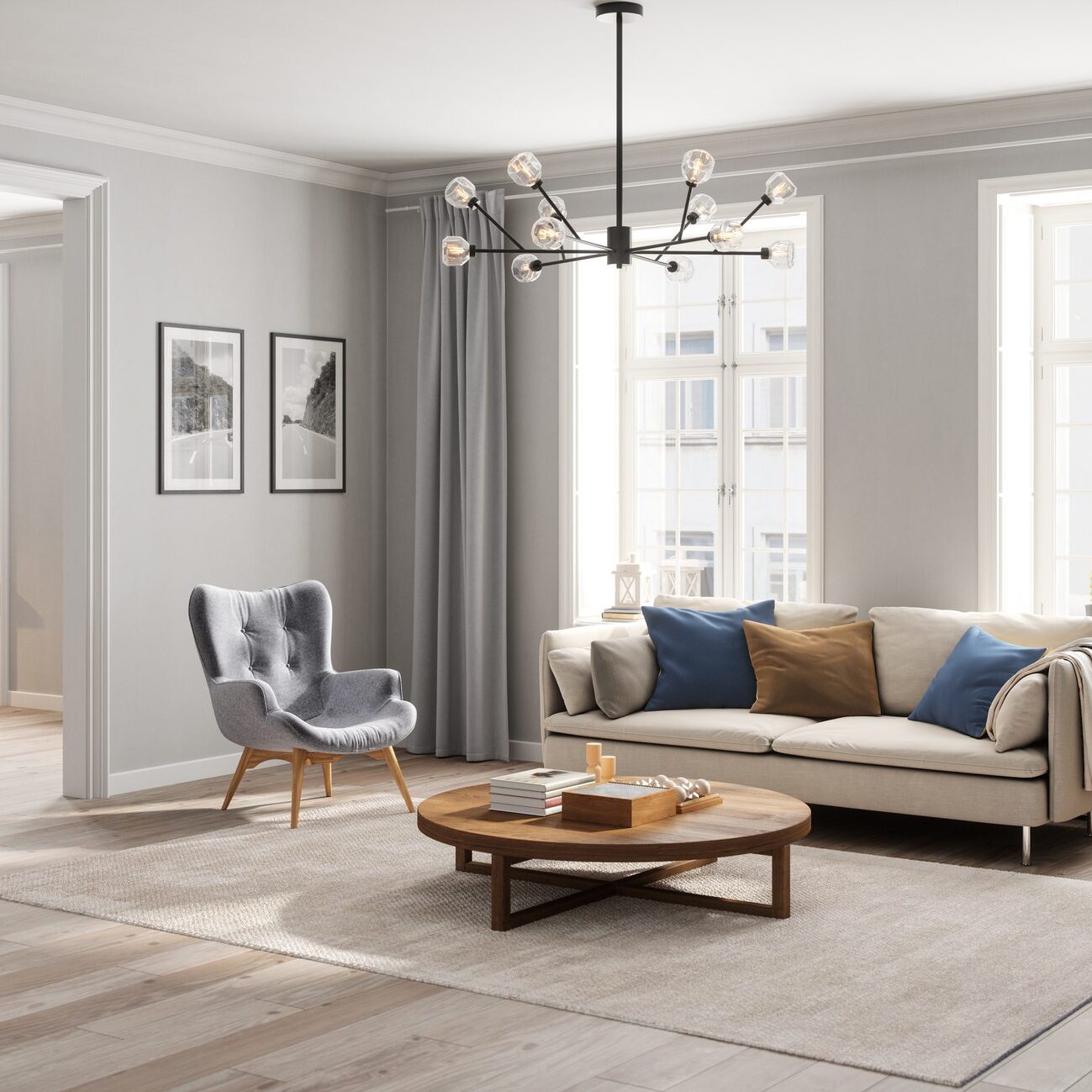 Modern living room with neutral tones and stylish furniture.
